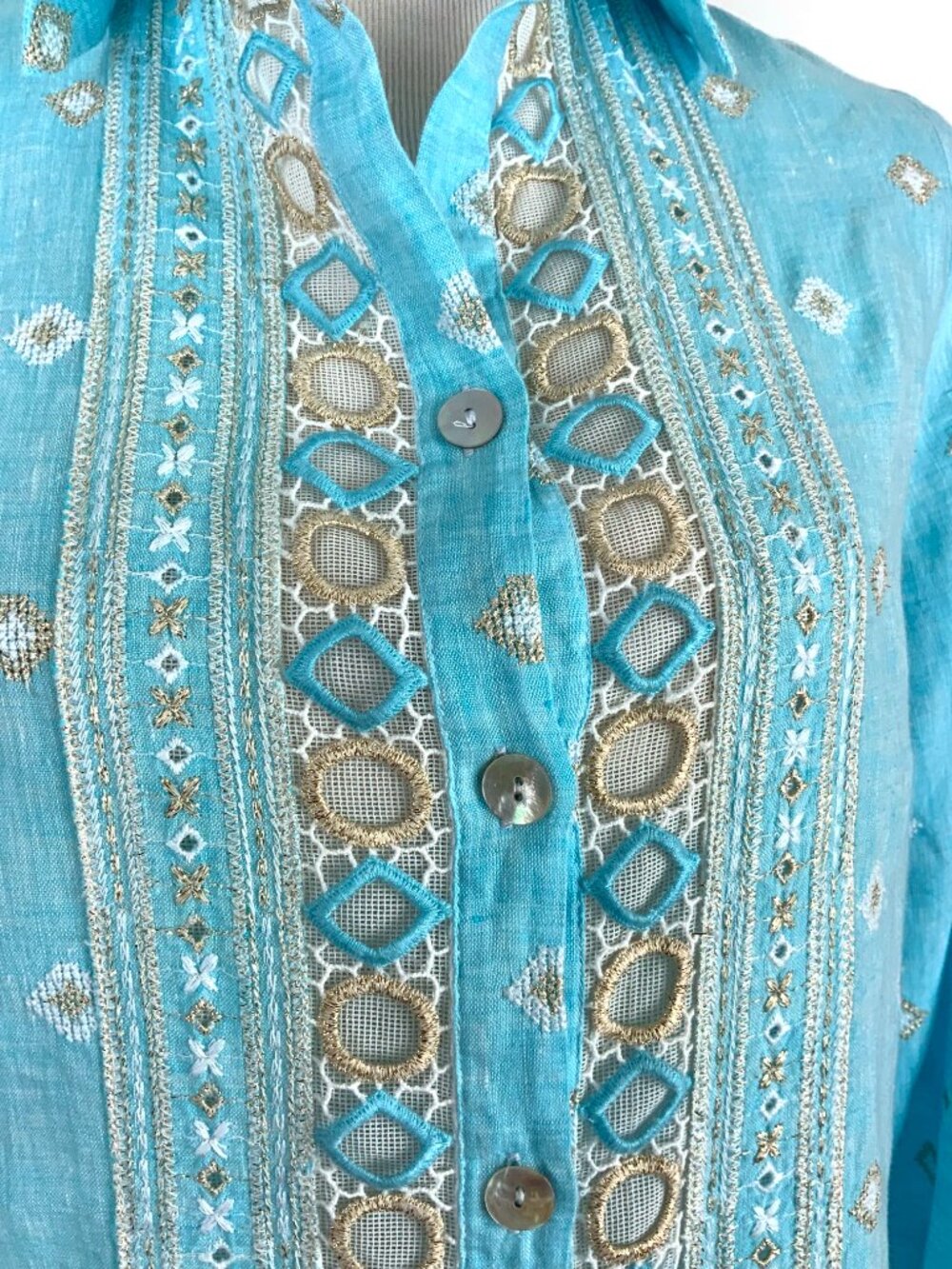 Temptation Positano Blue Straight Cut Embroidered Bohemian Linen Blouse Sz M - Picture 6 of 16